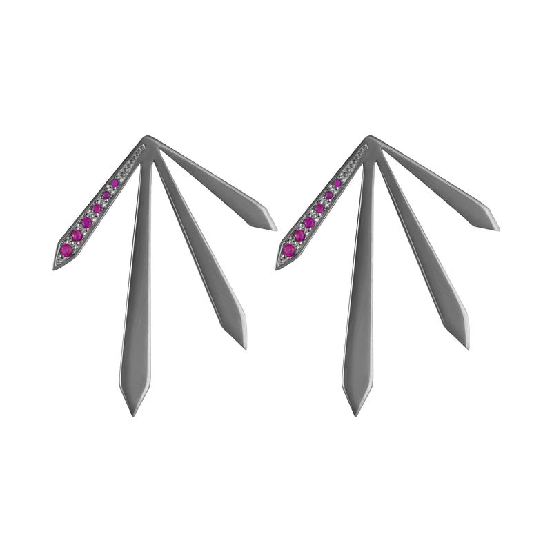 Black Rhodium 4 Spike Stud Earrings with Pink Stones