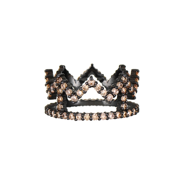 Black Rhodium Crown Ring with Champagne Stones