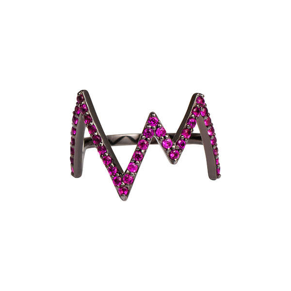 Black Rhodium Heartbeat Ring with Pink Stones