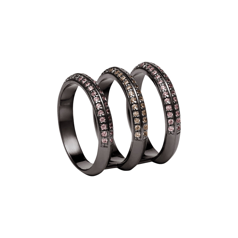 Black Rhodium Triple Band Ring with Champagne and Lilac Stones