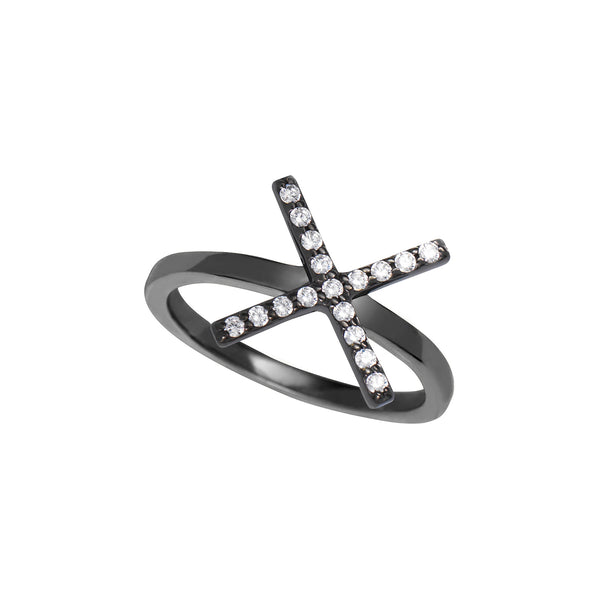 Black Rhodium X Ring with White Stones