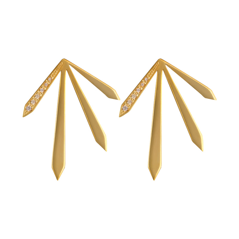 Gold 4 Spike Stud Earrings with Champagne Stones