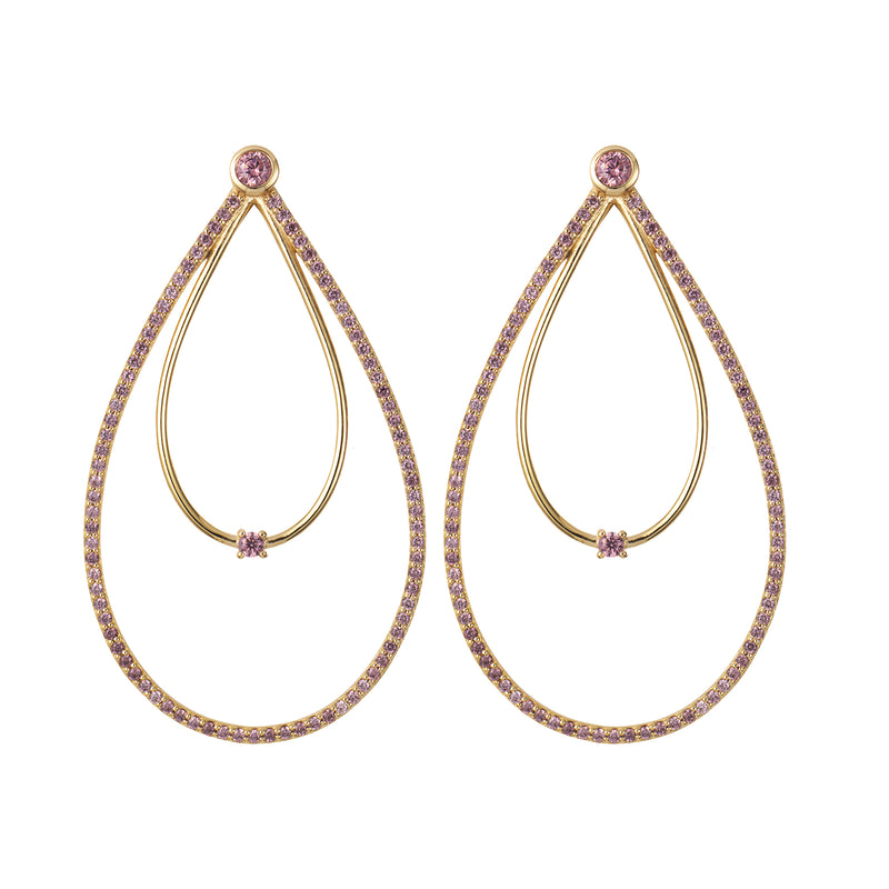 Gold Double Peardrop Hoop Earrings with Rhodolite Stones