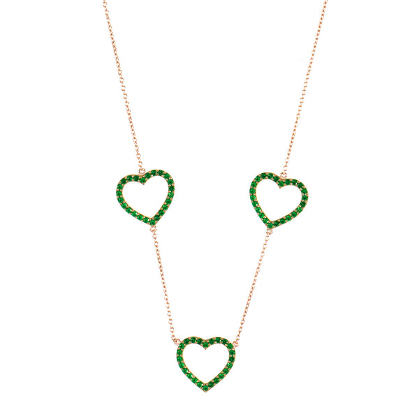 Gold Heart Trilogy Necklace with Green Stones