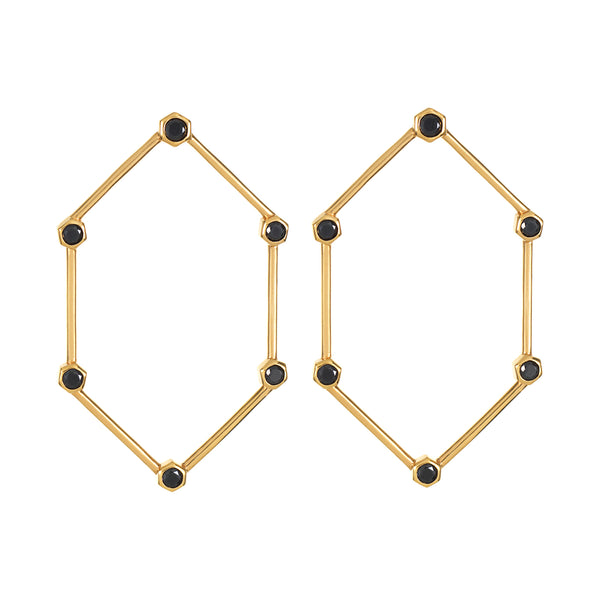 Gold Hexagon Earrings with Black Stones