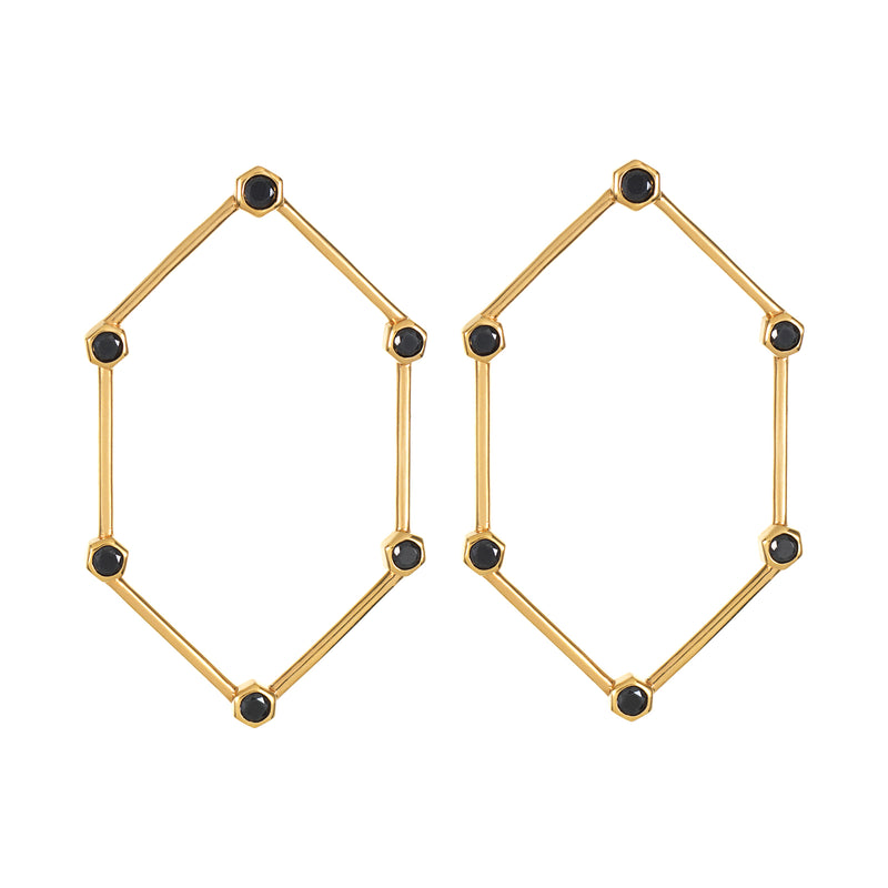 Gold Hexagon Earrings with Black Stones