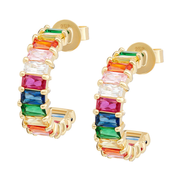 Gold Rainbow Emerald Cut Hoops