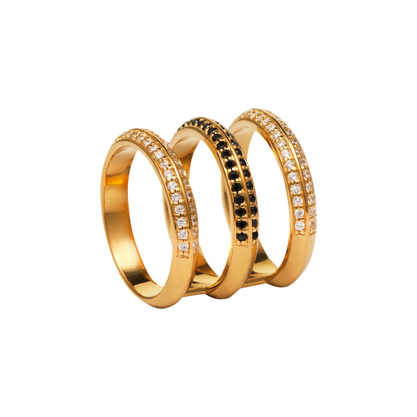 Gold Triple Band Ring with White and Black Stones