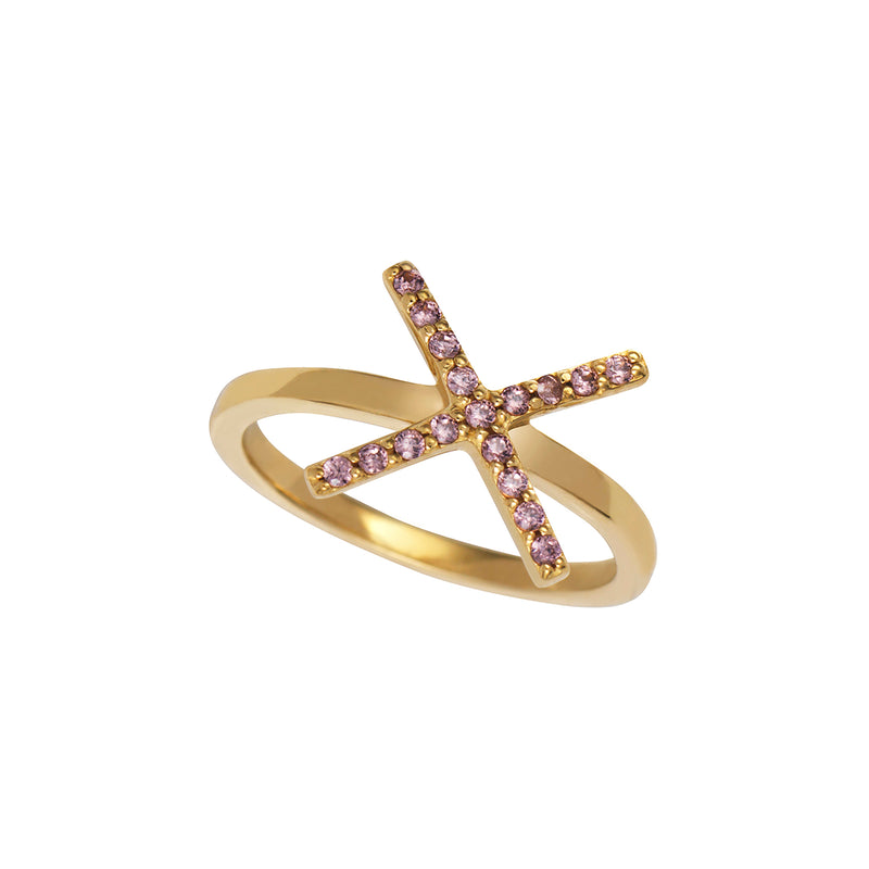 Gold X Ring with Rhodolite Stones