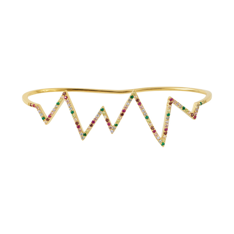 Gold Heartbeat Hand Cuff with Rainbow Stones