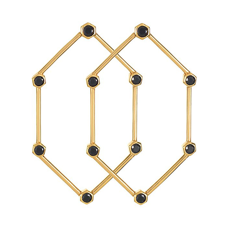 Gold Hexagon Earrings with Black Stones