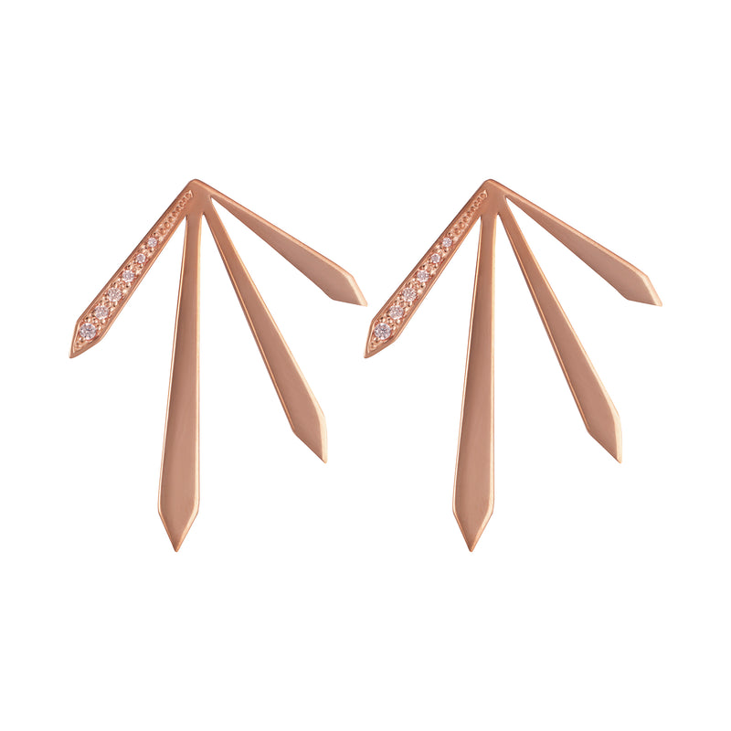 Rose Gold 4 Spike Stud Earrings with White Stones