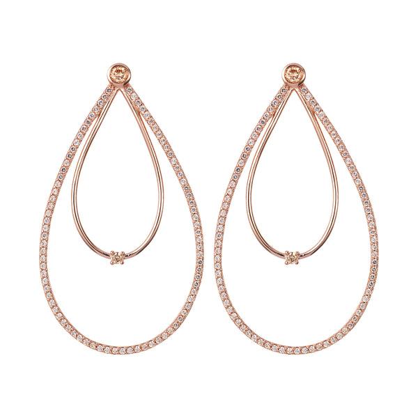 Rose Gold Double Peardrop Hoop Earrings with Champagne Stones