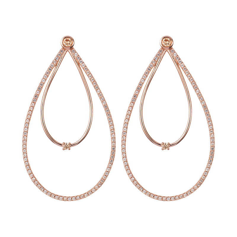 Rose Gold Double Peardrop Hoop Earrings with Champagne Stones