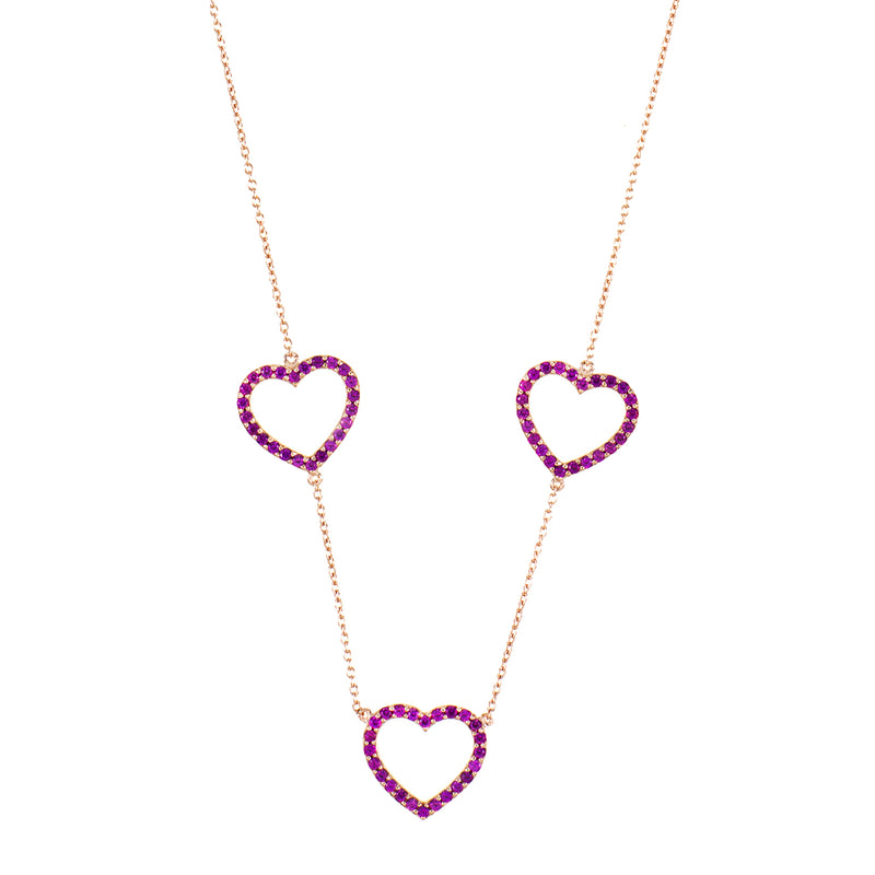 Rose Gold Heart Trilogy Necklace with Pink Stones