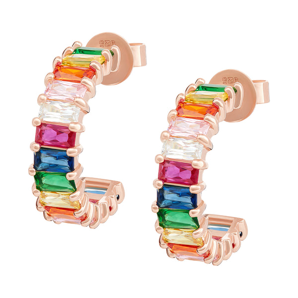 Rose Gold Rainbow Emerald Cut Hoops