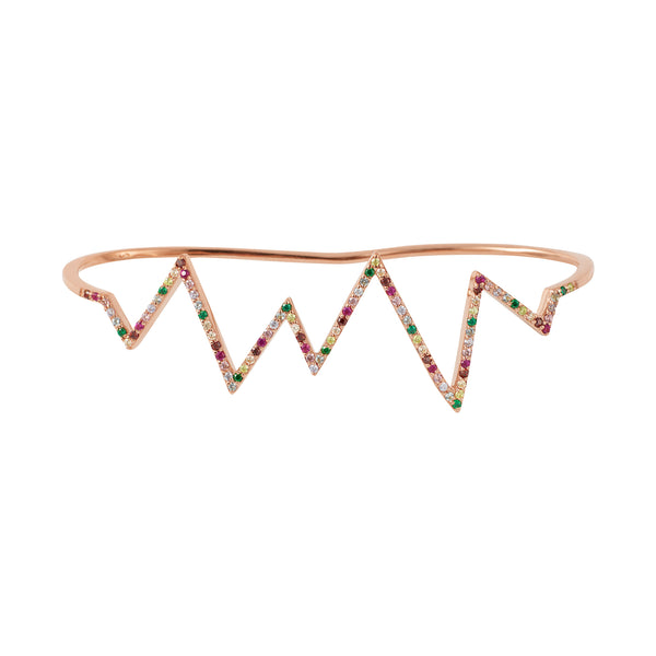 Rose Gold Heartbeat Hand Cuff with Rainbow Stones