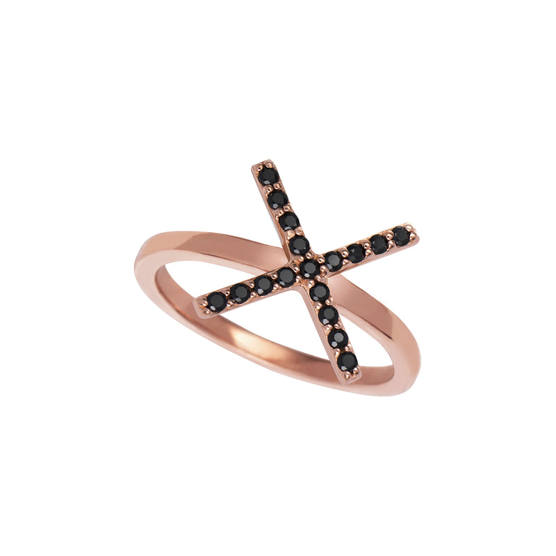 Rose Gold X Ring with Black Stones