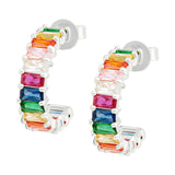 Silver Rainbow Emerald Cut Hoops