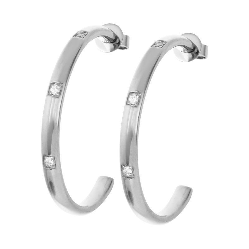 Silver Large Hoops with White Stones